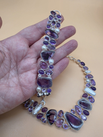 Schitterend 925 zilveren sieraden set, paars tinten.