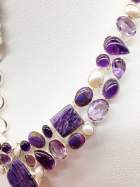 Schitterend 925 zilveren sieraden set, paars tinten.