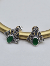 Prachtige echt zilveren oorbellen met Marcasiet en groene  onyx