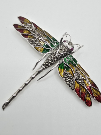 925 zilveren broche, met Robijn en Smaragd. Libelle, oranje, groen. mega Groot      Groot