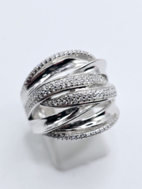 Echt zilveren ring met zirkonia, breed fantasie model maat 17.5