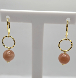 Echt zilveren oorbellen met roze maansteen goud plating