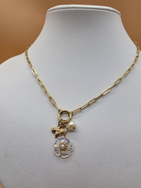 Nhala-ketting - mesh met ovale en ronde ringen en hangers (parel bloem, vlinder en zoetwaterparel)