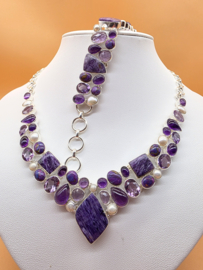 Schitterend 925 zilveren sieraden set, paars tinten.