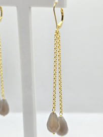Echt zilveren oorbellen met grijze agaat in goud plating