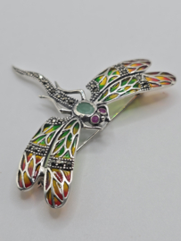 925 zilveren broche, met Robijn en Smaragd. Libelle, oranje, groen. Groot