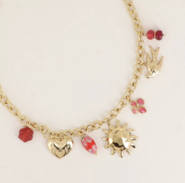 collier met zon, klaver, hart, vogel, bloem, geglazuurd keramiek, hars