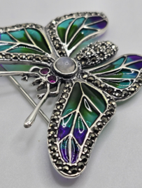 925 zilveren broche, met Robijn en Maansteen