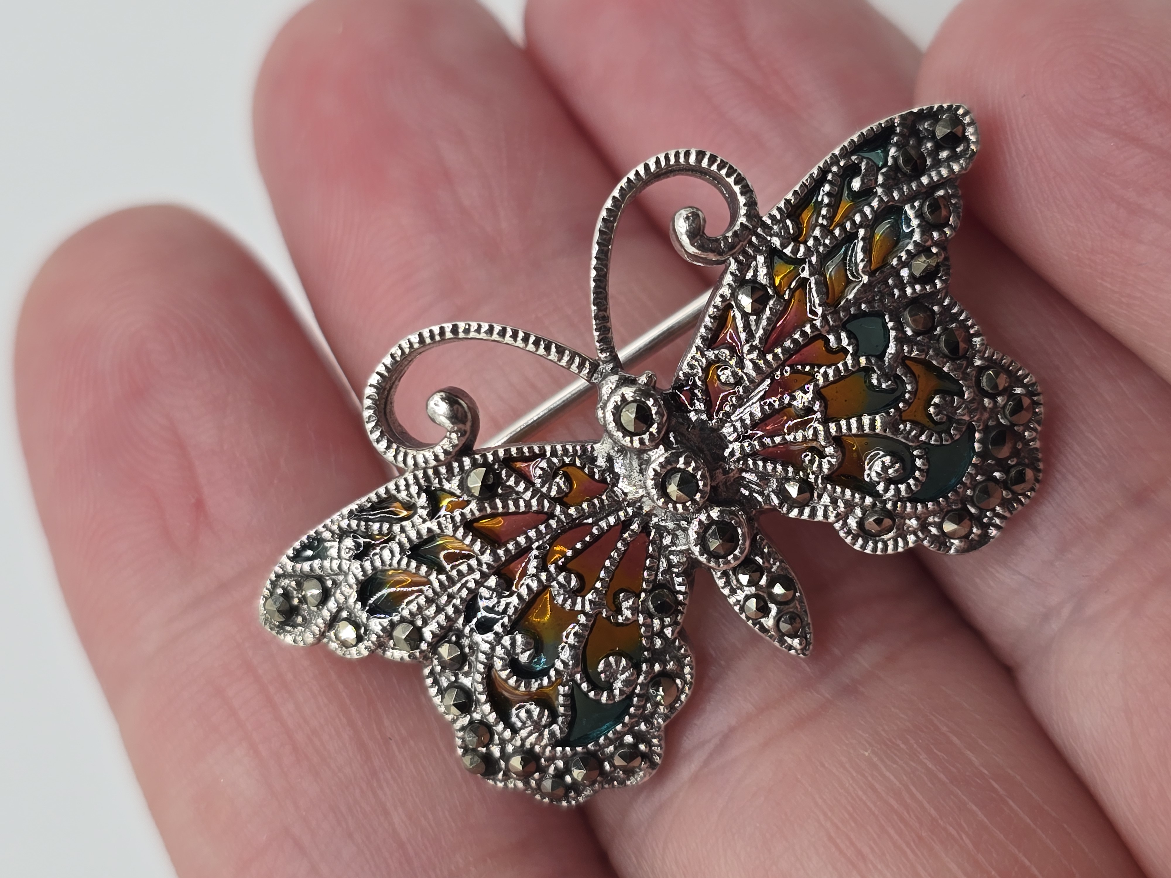 925 zilveren broche, met Marcasiet en glas emaille