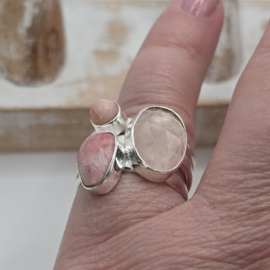 Prachtige echt zilveren ring Rozenkwarts en Rhodochrosiet. Maat 18.5.