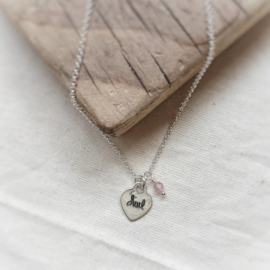 Moederdag cadeau | Ketting geboortesteen & naamhartje | Zilver