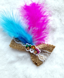 Haarstrik Sinterklaas en Roetveeg pieten jute/kant/blauw roze veren
