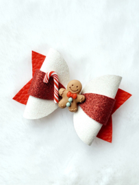 Kerst haarstrik Peperkoekmannetje rood/wit/glitter