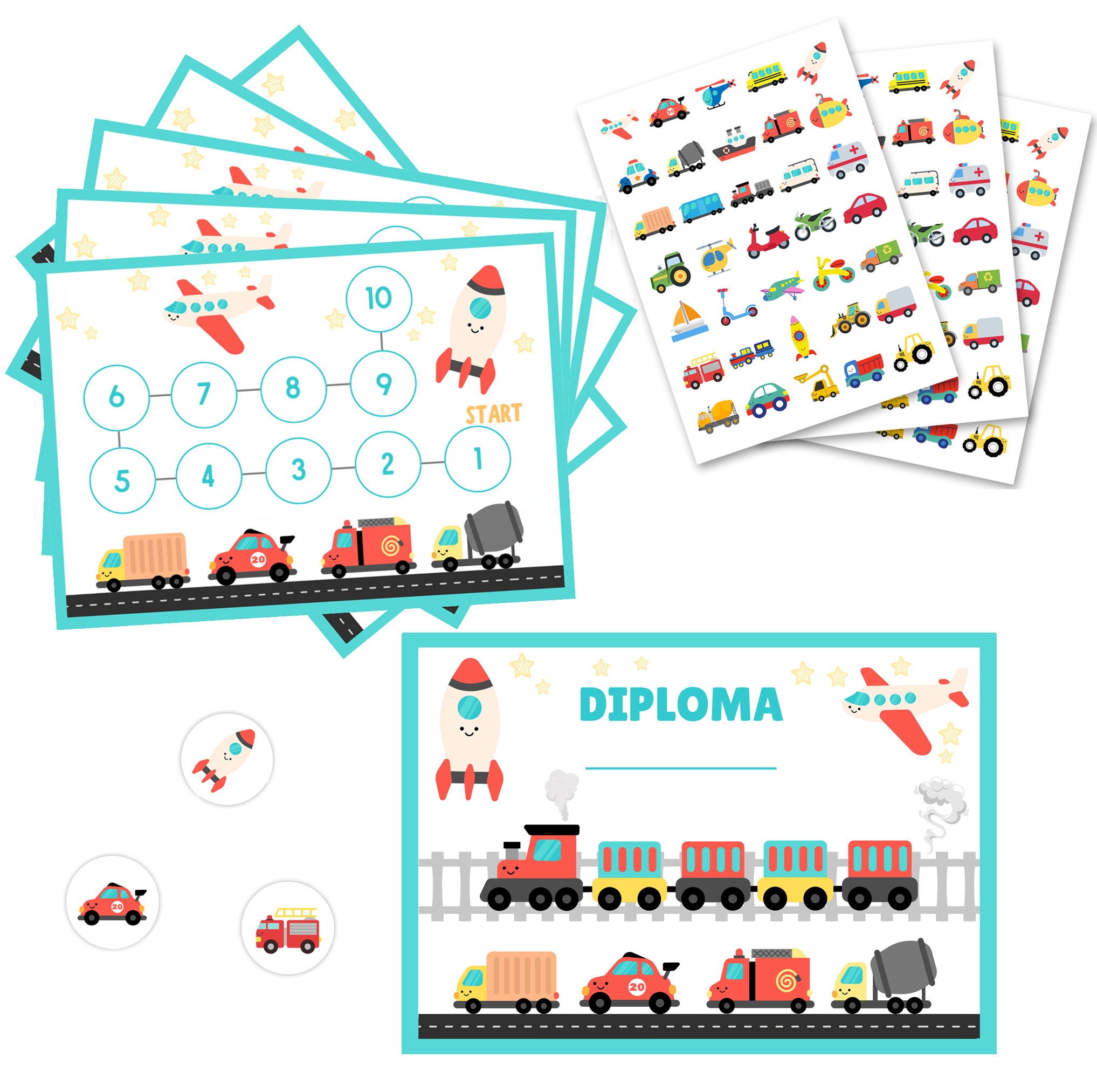 Reward Charts Vehicles + 105 stickers - 5 Large Incentive Cards + 3 Sticker Sheets + Diploma