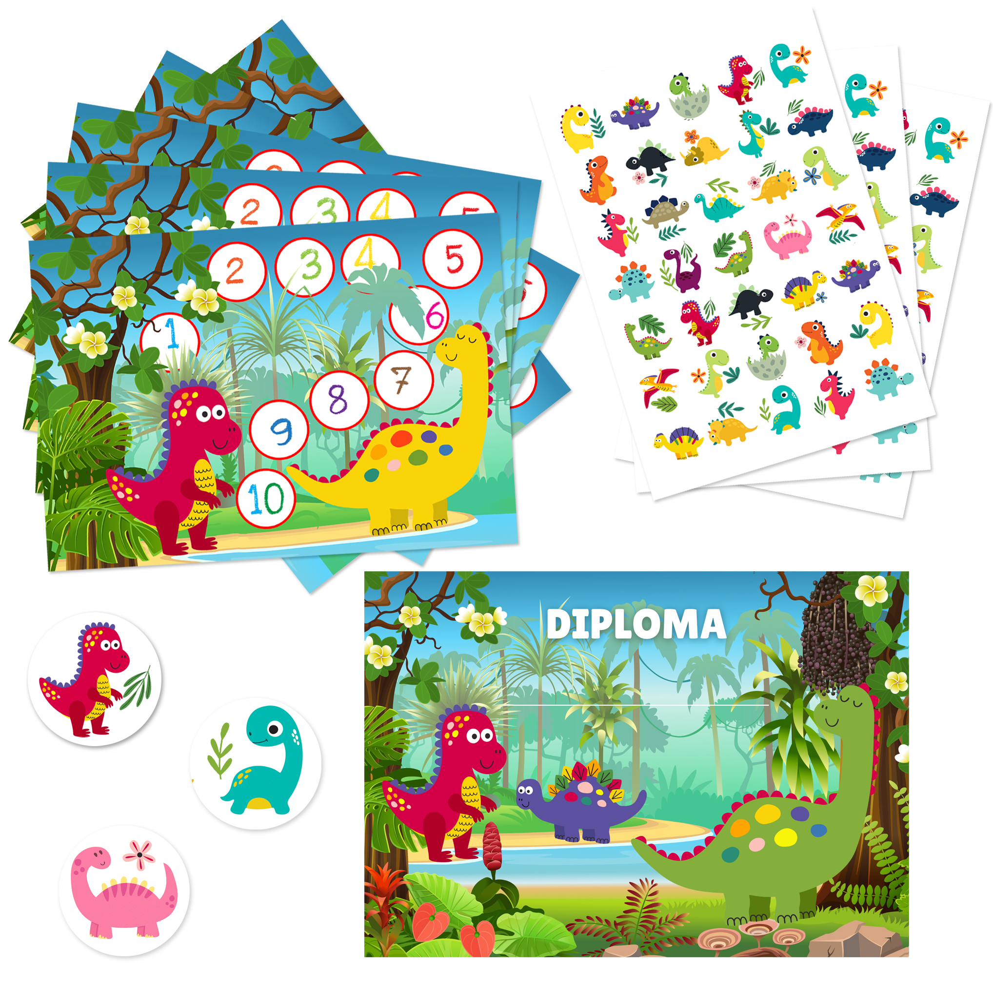 Reward Charts Dino + 105 stickers - 5 Large Incentive Cards + 3 Sticker Sheets + Diploma - Reward Chart for Kids - Potty Training Charts