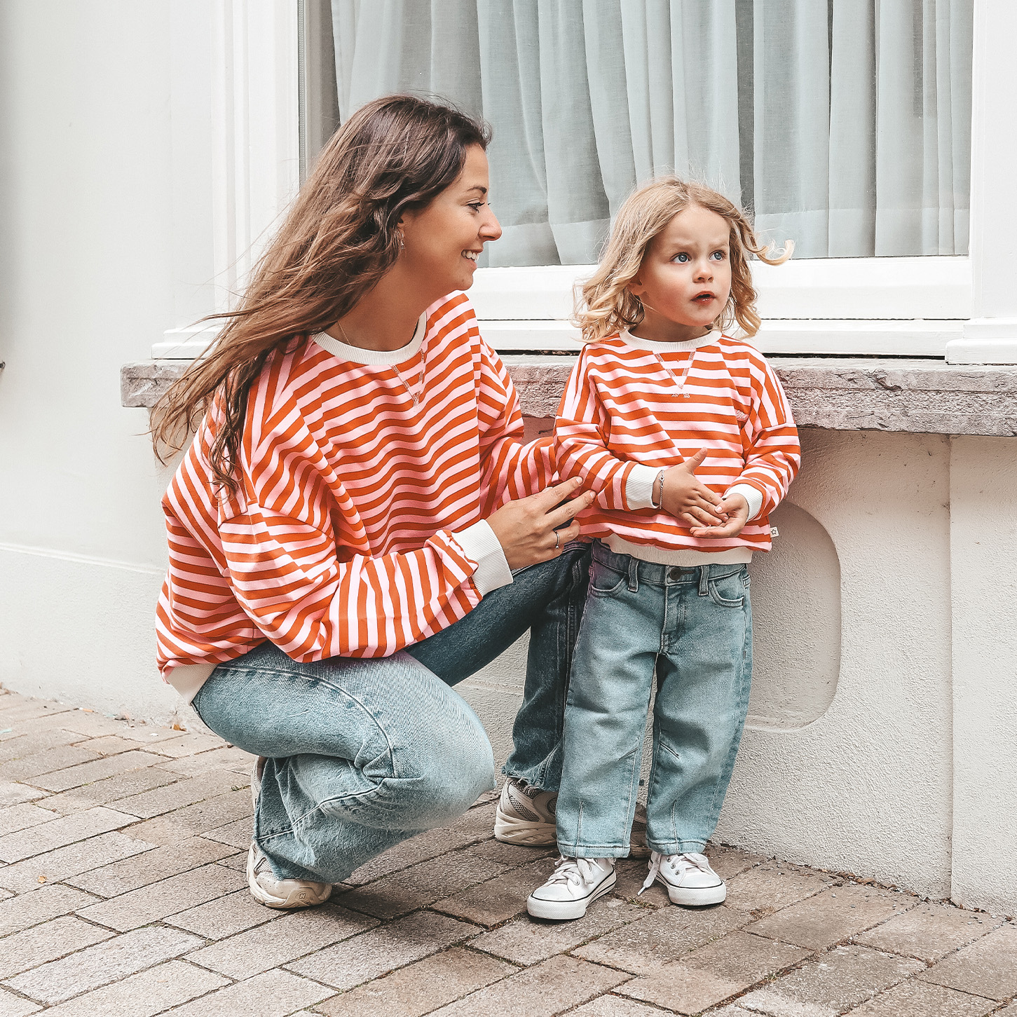 Your wishes mommy & me stripe sweater oranje roze 48