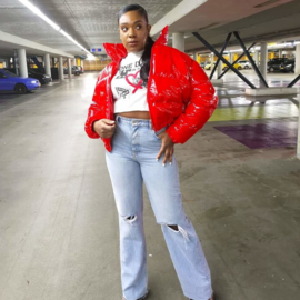 Glossy Red Parachute Cropped Puffer Jacket