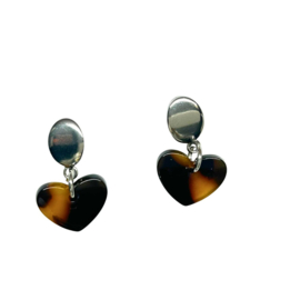 Oorbellen dames hartje print - bruin zwart - resin - stainless steel