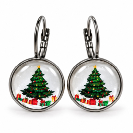Kerstboom cadeau - oorhangers - zilverkleurig met glas cabochon