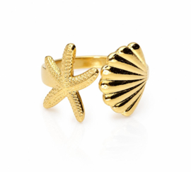Ocean Breeze goud - ring - stainless steel met zeester en schelp