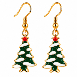 X-mas tree goud - oorbellen - groen geëmailleerd met rode ster