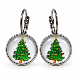Kerstboom - oorhangers - zilverkleurig met glas cabochon