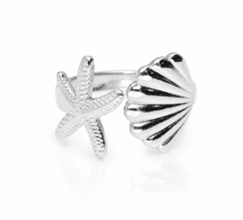 Ocean Breeze zilver - ring - stainless steel met zeester en schelp