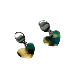 Oorbellen dames hartje print - blauw wit zwart - resin - stainless steel