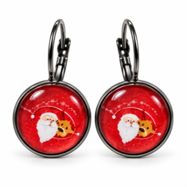 Kerstman en rendier - oorhangers - zilverkleurig met glas cabochon