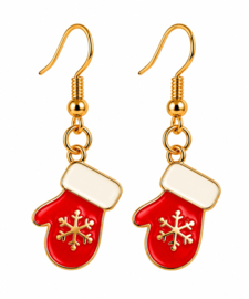 Kerst wantjes goud - oorbellen - geëmailleerd rood met wit