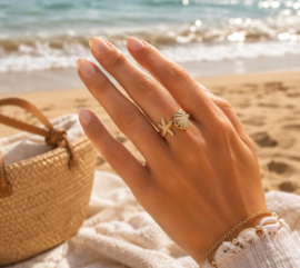 Ocean Breeze goud - ring - stainless steel met zeester en schelp