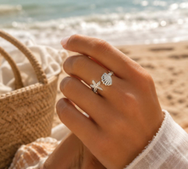 Ocean Breeze zilver - ring - stainless steel met zeester en schelp