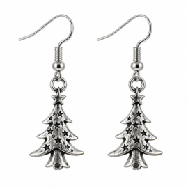 Kerst Spar - oorbellen - zilver met sterretjes