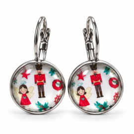 Notenkraker & Kerstengel - oorhangers - zilverkleurig met glas cabochon