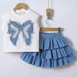 Denim look bow set white