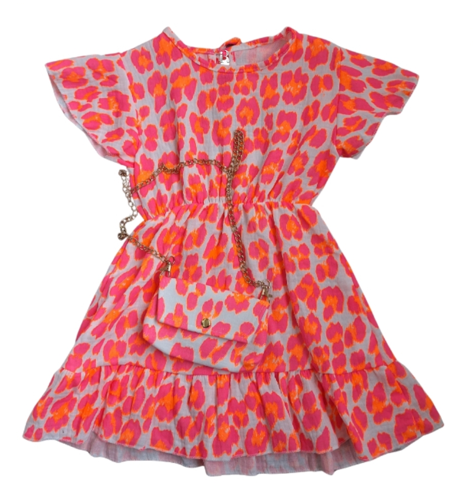 Neon leopard dress incl tasje pink