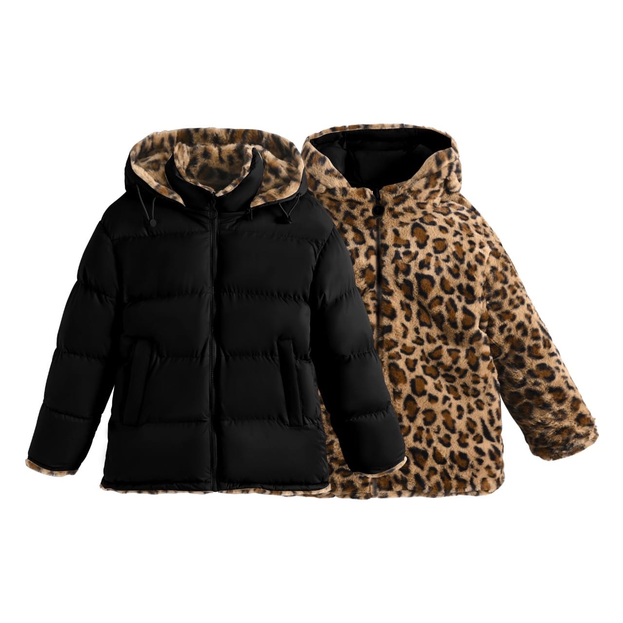 Inside outside leopard winterjas black