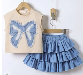 Denim look bow set beige