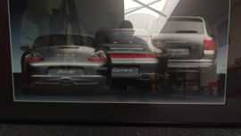 Porsche generatie 911 4S (996) Boxster S (986) en Cayenne Turbo kunstwerk ingelijst met achterlichtverlichting