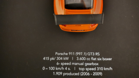 Porsche 911 997 GT3 RS Orange 3D Encadré dans une boîte d’ombre - échelle 1:37
