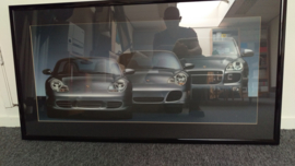 Porsche generatie 911 4S (996) Boxster S (986) en Cayenne Turbo kunstwerk ingelijst met verlichting