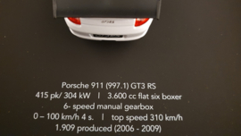 Porsche 911 997 GT3 RS Blanc 3D Encadré dans une boîte d’ombre - échelle 1:37