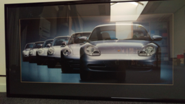 Porsche 911 generaties kunstwerk ingelijst met verlichting