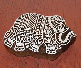 Handgesneden blokdrukstempel olifant, 13 cm, duurzaam hout, India