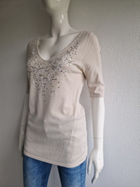 Claudia Sträter top met V-hals. Maat 40, Beige/lovers.