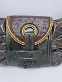 Pauric Sweeney clutch. Olijfgroen/bruinlakleer.
