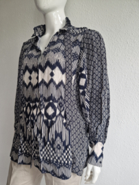 Expresso blouse. Maat 46. Donkerblauw/lichtgrijs.