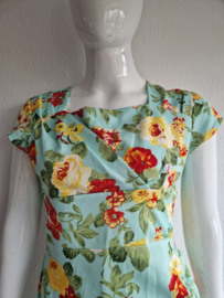 Vintage Chic jurk. Maat 18, Turquoise/bloemenprint.