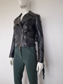 Elisabetta Franchi biker jack met franjes. Maat 34, Zwart/leer.