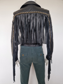 Elisabetta Franchi biker jack met franjes. Maat 34, Zwart/leer.